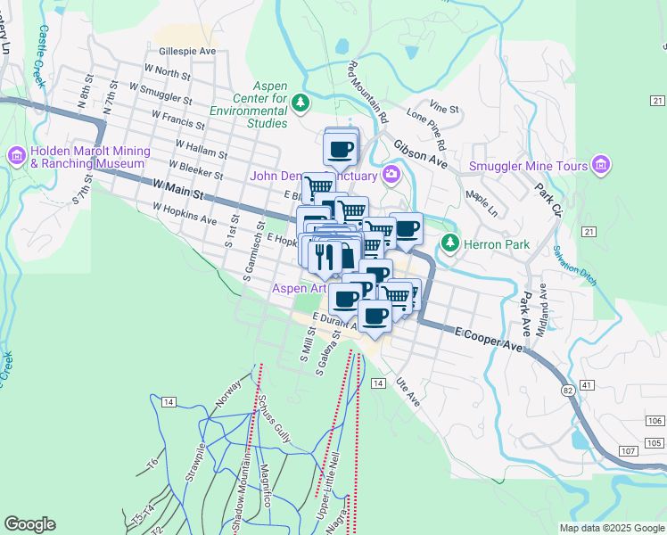 map of restaurants, bars, coffee shops, grocery stores, and more near 406 East Hyman Avenue in Aspen
