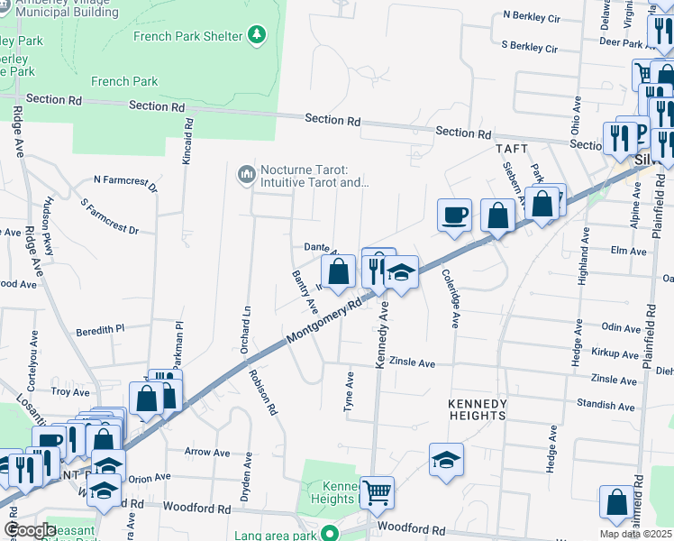 map of restaurants, bars, coffee shops, grocery stores, and more near 6540 Iris Avenue in Cincinnati