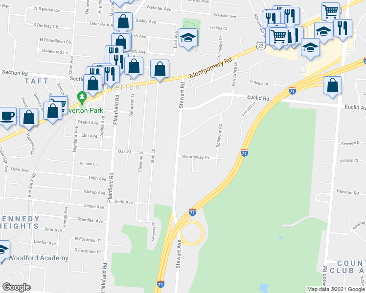 map of restaurants, bars, coffee shops, grocery stores, and more near 6654 Stewart Road in Cincinnati
