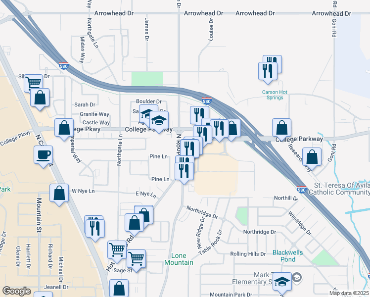 map of restaurants, bars, coffee shops, grocery stores, and more near 633 East College Parkway in Carson City