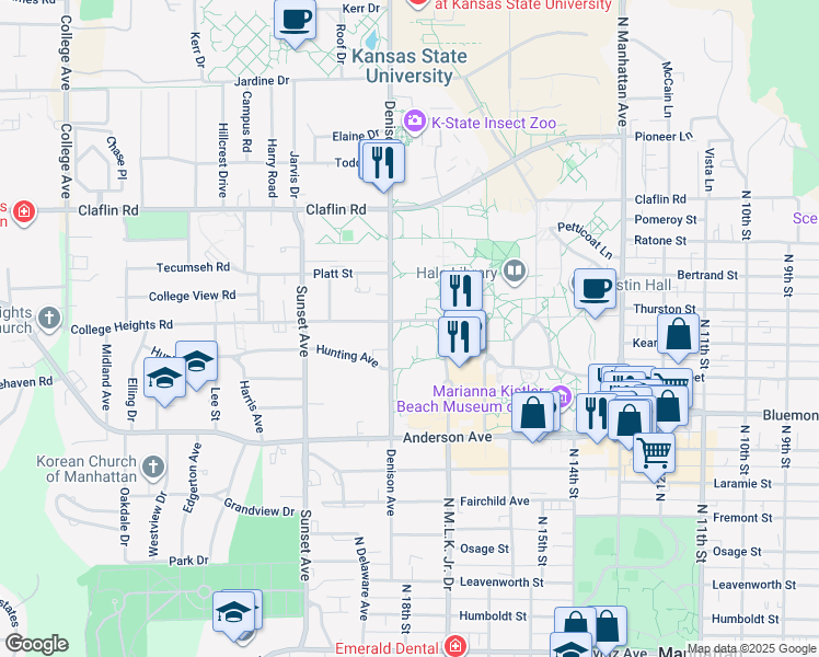map of restaurants, bars, coffee shops, grocery stores, and more near 1733 College Heights Road in Manhattan