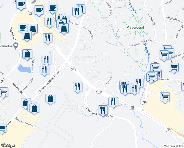map of restaurants, bars, coffee shops, grocery stores, and more near 8898 Shining Oceans Way in Columbia