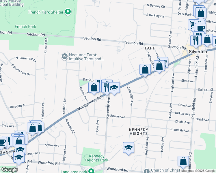 map of restaurants, bars, coffee shops, grocery stores, and more near 6621 Montgomery Road in Cincinnati
