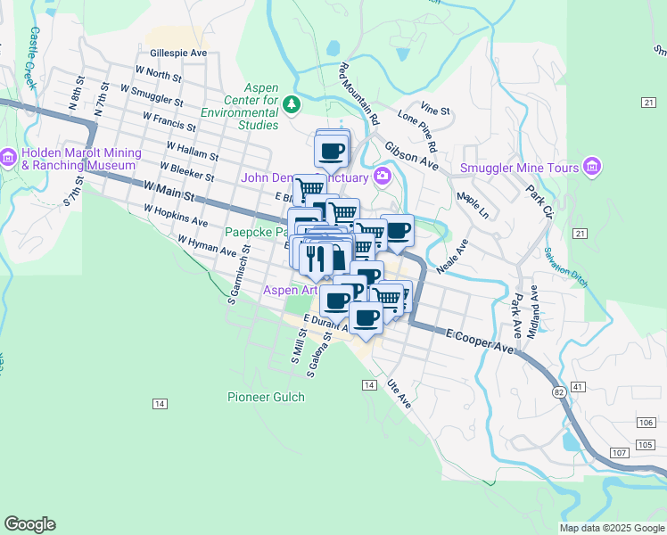 map of restaurants, bars, coffee shops, grocery stores, and more near 406 East Hyman Avenue in Aspen