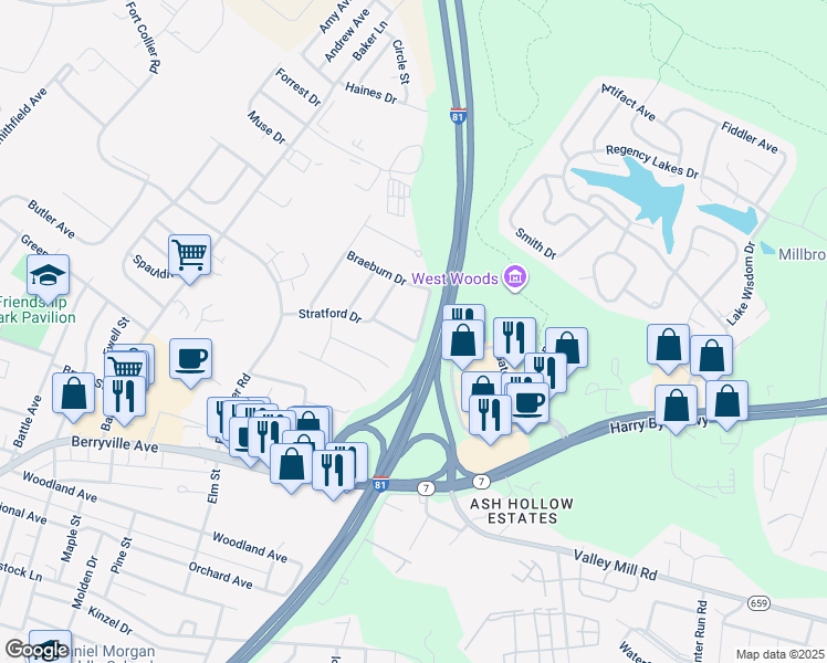map of restaurants, bars, coffee shops, grocery stores, and more near 403 Chatham Square in Winchester