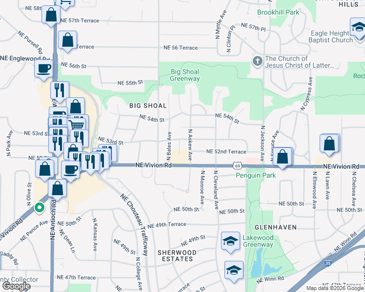 map of restaurants, bars, coffee shops, grocery stores, and more near 5235 North Bales Terrace in Kansas City