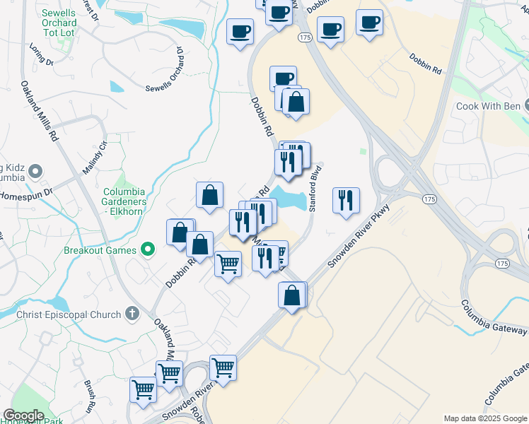 map of restaurants, bars, coffee shops, grocery stores, and more near 8890 McGaw Road in Columbia