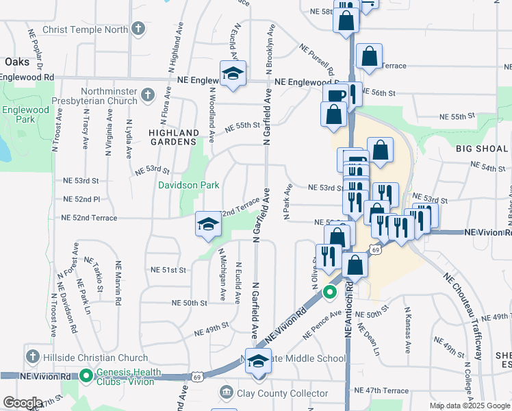 map of restaurants, bars, coffee shops, grocery stores, and more near 2009 Northeast 52nd Terrace in Kansas City