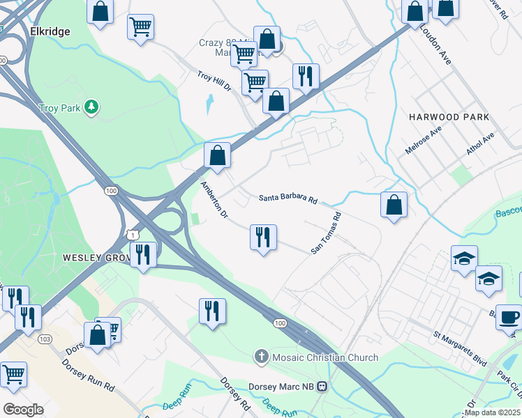 map of restaurants, bars, coffee shops, grocery stores, and more near 6650 Santa Barbara Road in Elkridge