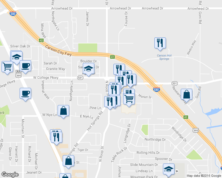 map of restaurants, bars, coffee shops, grocery stores, and more near 633 East College Parkway in Carson City