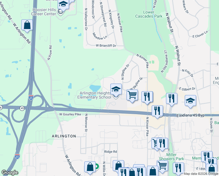 map of restaurants, bars, coffee shops, grocery stores, and more near 2404 North Stonelake Circle in Bloomington