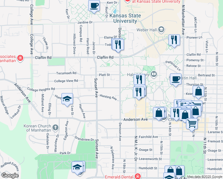 map of restaurants, bars, coffee shops, grocery stores, and more near 1825 College Heights Road in Manhattan