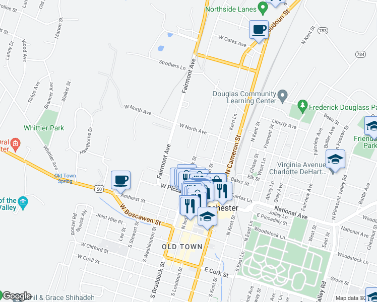 map of restaurants, bars, coffee shops, grocery stores, and more near 415 North Braddock Street in Winchester