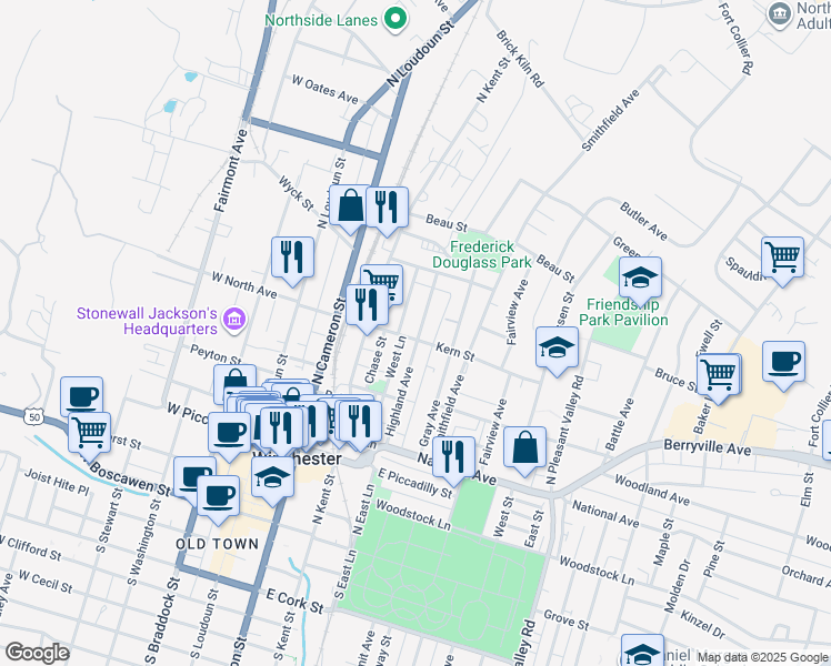 map of restaurants, bars, coffee shops, grocery stores, and more near 505 Highland Avenue in Winchester
