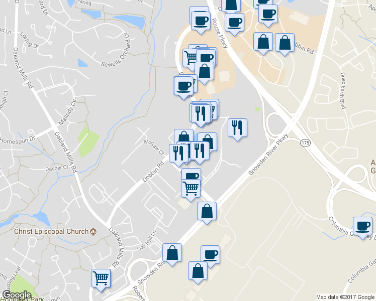 map of restaurants, bars, coffee shops, grocery stores, and more near 8890 Mc Gaw Road in Columbia