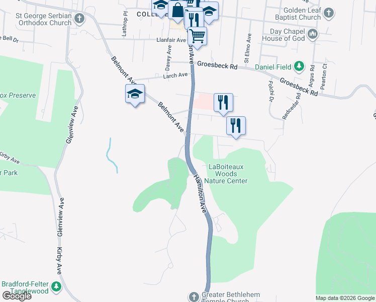 map of restaurants, bars, coffee shops, grocery stores, and more near Hamilton Avenue in Cincinnati