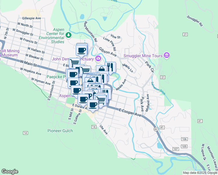 map of restaurants, bars, coffee shops, grocery stores, and more near 730 East Hopkins Avenue in Aspen