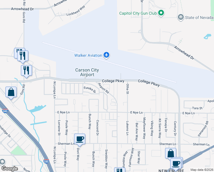 map of restaurants, bars, coffee shops, grocery stores, and more near 3417 Airport Road in Carson City