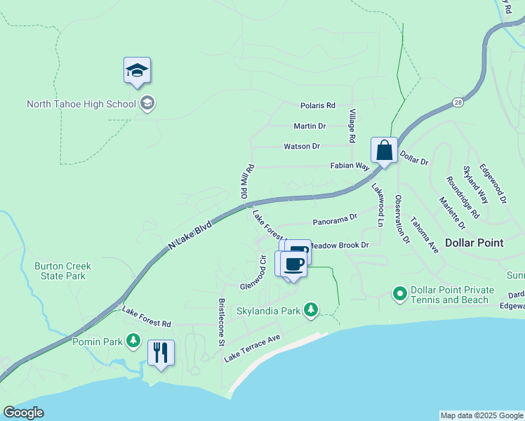 map of restaurants, bars, coffee shops, grocery stores, and more near 3120 Lake Forest Road in Tahoe City