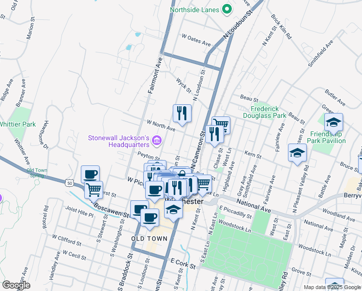 map of restaurants, bars, coffee shops, grocery stores, and more near 424 North Loudoun Street in Winchester