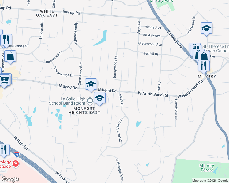 map of restaurants, bars, coffee shops, grocery stores, and more near 2985 North Bend Road in Cincinnati