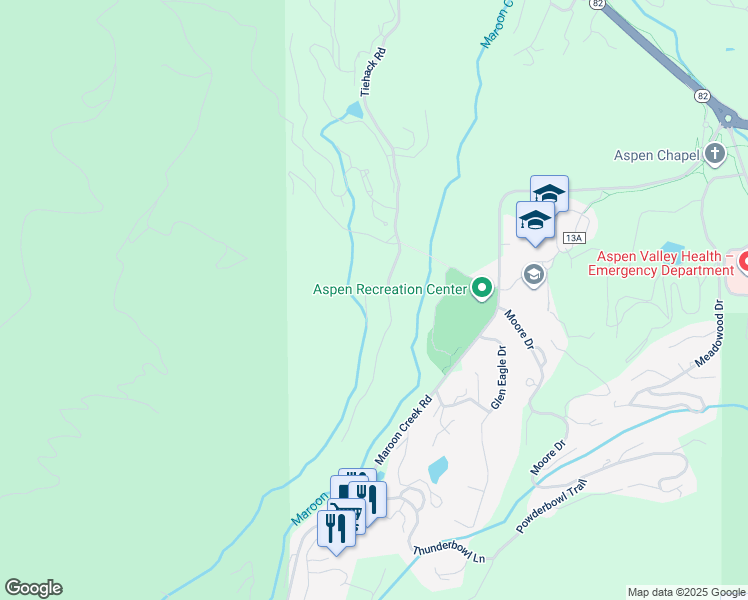map of restaurants, bars, coffee shops, grocery stores, and more near 86 South Meadow Lane in Aspen