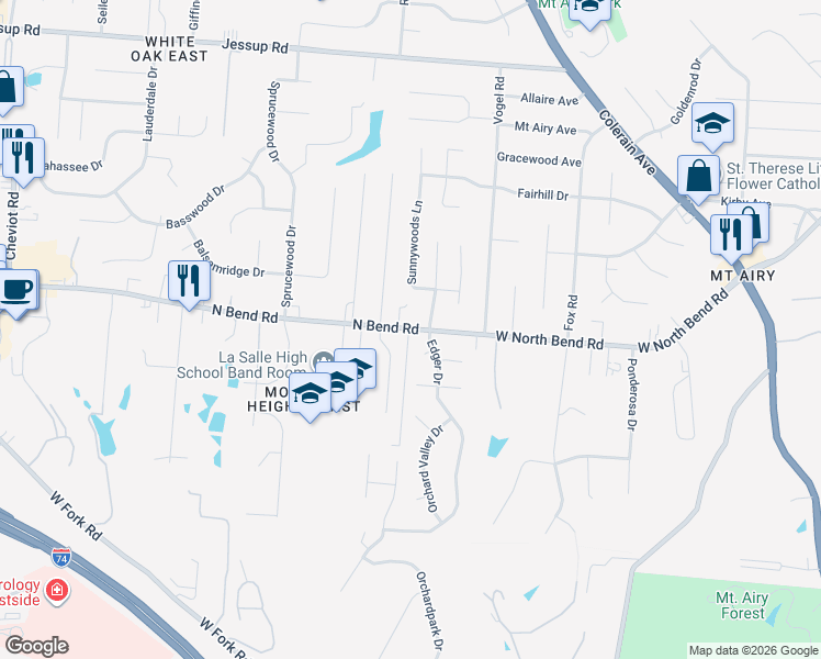 map of restaurants, bars, coffee shops, grocery stores, and more near 2985 North Bend Road in Cincinnati