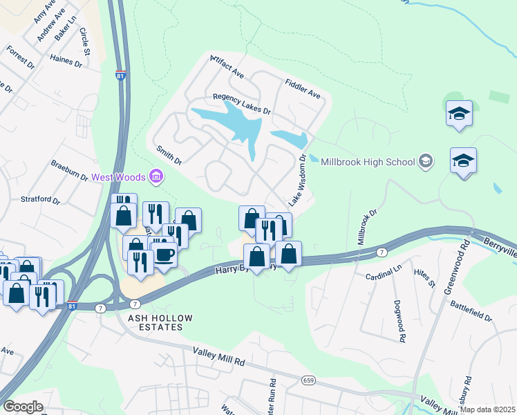 map of restaurants, bars, coffee shops, grocery stores, and more near 110 Aberdeen Place in Winchester