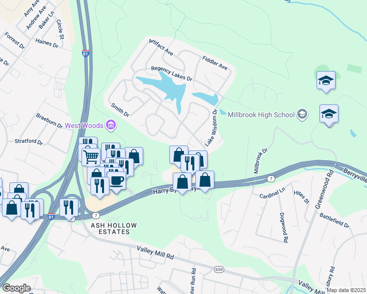 map of restaurants, bars, coffee shops, grocery stores, and more near 110 Aberdeen Place in Winchester