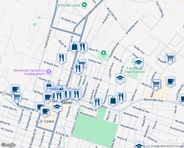 map of restaurants, bars, coffee shops, grocery stores, and more near 512 Highland Avenue in Winchester