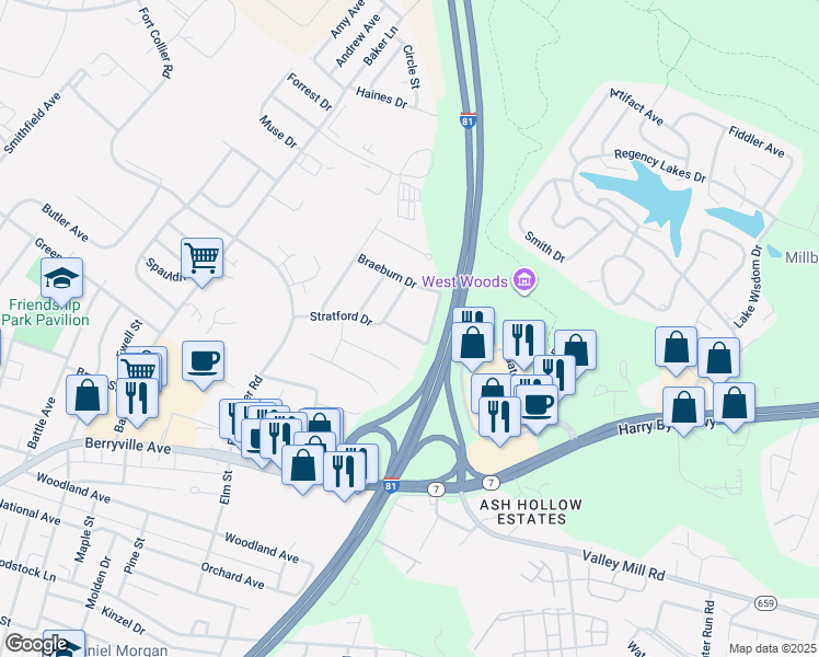 map of restaurants, bars, coffee shops, grocery stores, and more near 205 Chatham Square in Winchester
