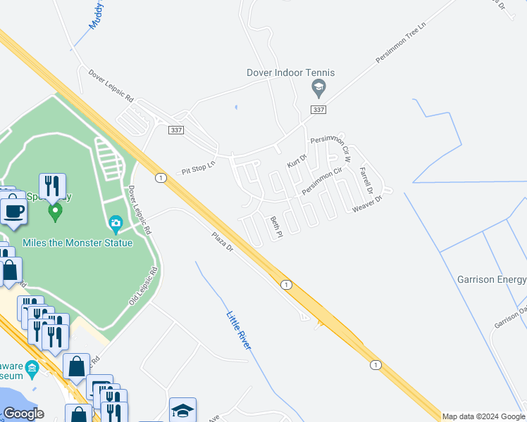map of restaurants, bars, coffee shops, grocery stores, and more near 103 Beth Place in Dover
