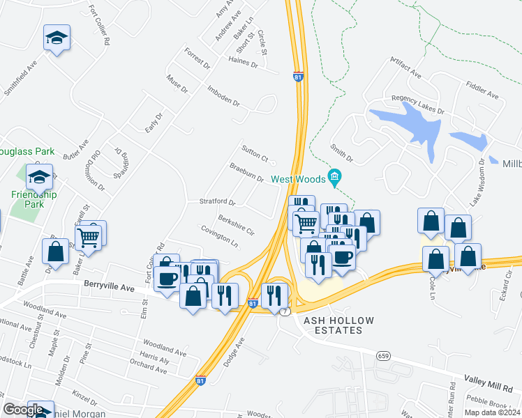 map of restaurants, bars, coffee shops, grocery stores, and more near 205 Chatham Square in Winchester