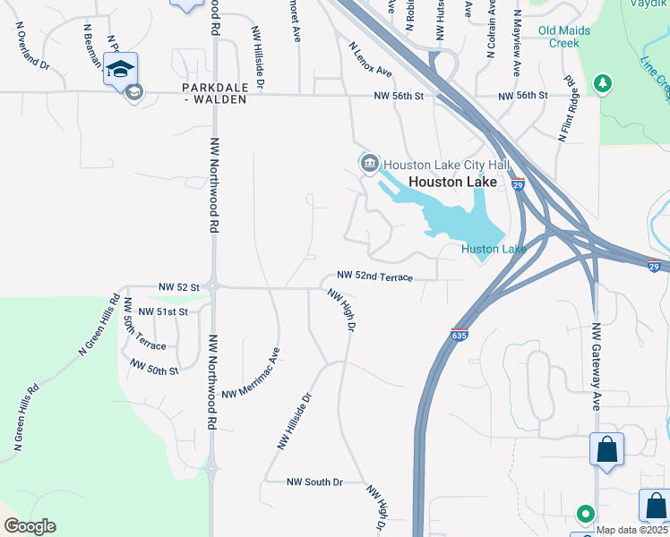 map of restaurants, bars, coffee shops, grocery stores, and more near 3805 Northwest 52nd Terrace in Kansas City