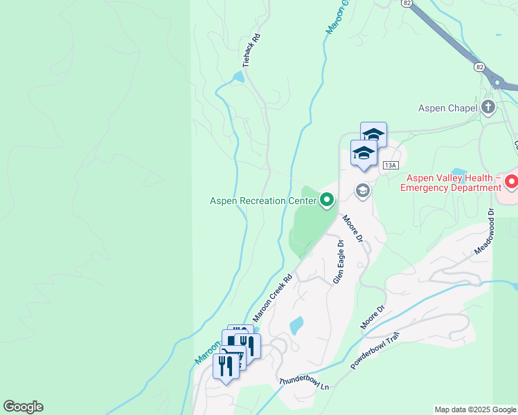 map of restaurants, bars, coffee shops, grocery stores, and more near 86 South Meadow Lane in Aspen
