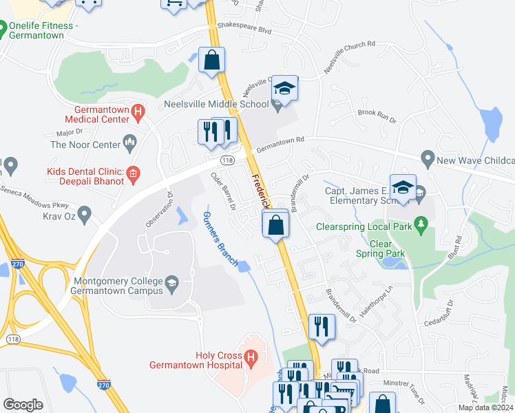 map of restaurants, bars, coffee shops, grocery stores, and more near 20345 Notting Hill Way in Germantown