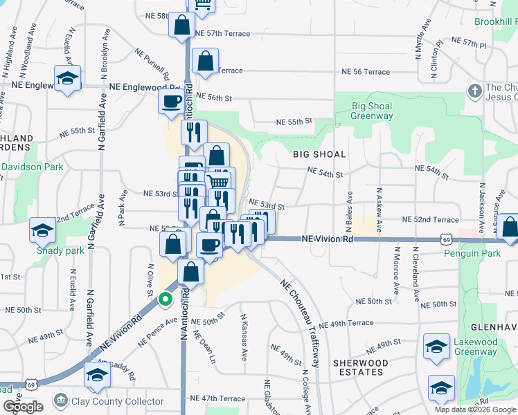 map of restaurants, bars, coffee shops, grocery stores, and more near 5219 Chouteau Trafficway in Kansas City