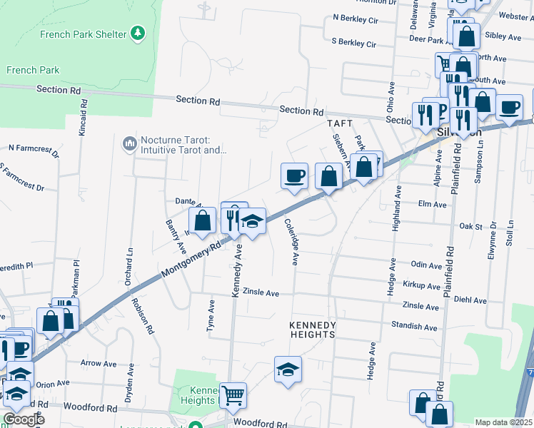 map of restaurants, bars, coffee shops, grocery stores, and more near in Cincinnati