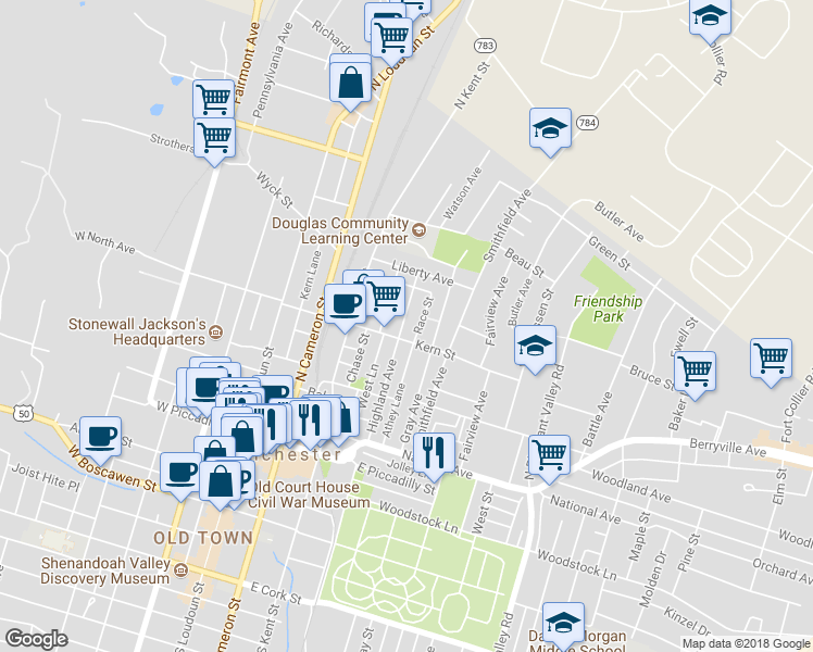map of restaurants, bars, coffee shops, grocery stores, and more near 512 Highland Avenue in Winchester