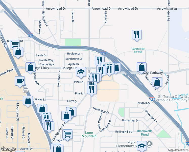 map of restaurants, bars, coffee shops, grocery stores, and more near 633 East College Parkway in Carson City