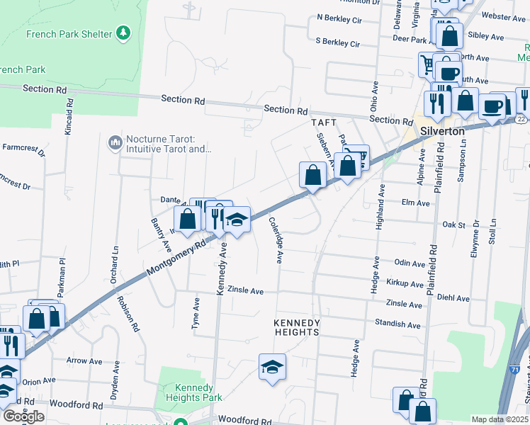 map of restaurants, bars, coffee shops, grocery stores, and more near 6623 Coleridge Avenue in Cincinnati