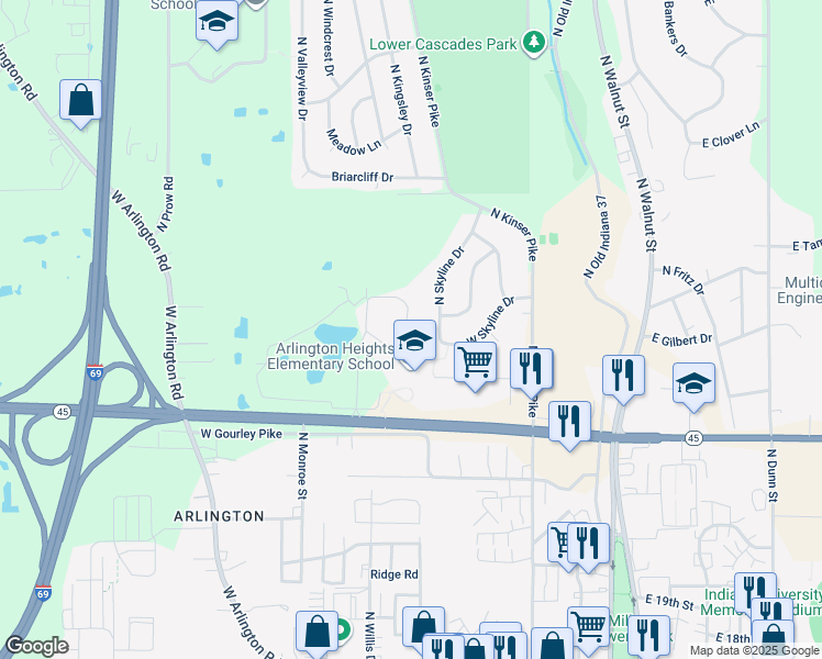 map of restaurants, bars, coffee shops, grocery stores, and more near 2416 North Stonelake Circle in Bloomington