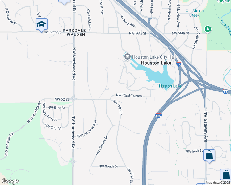 map of restaurants, bars, coffee shops, grocery stores, and more near 3805 Northwest 52nd Terrace in Kansas City