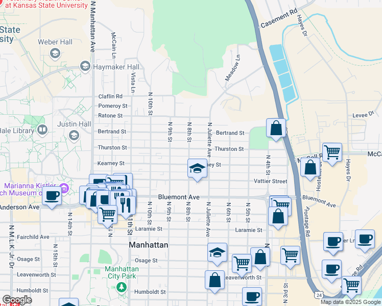 map of restaurants, bars, coffee shops, grocery stores, and more near 1001 North 8th Street in Manhattan