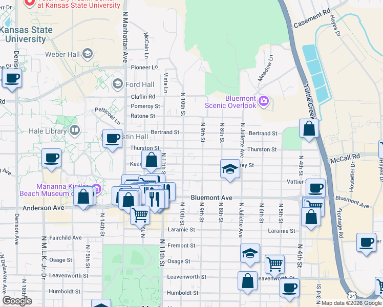 map of restaurants, bars, coffee shops, grocery stores, and more near 1000 Kearney Street in Manhattan