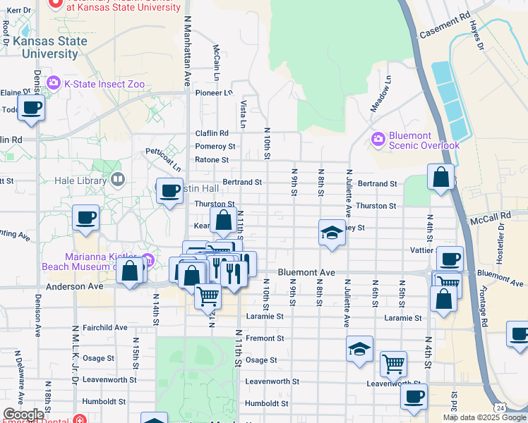 map of restaurants, bars, coffee shops, grocery stores, and more near 1000 Kearney Street in Manhattan