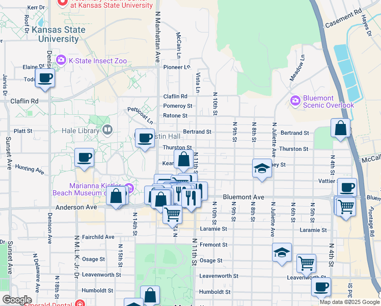 map of restaurants, bars, coffee shops, grocery stores, and more near 1030 Kearney Street in Manhattan