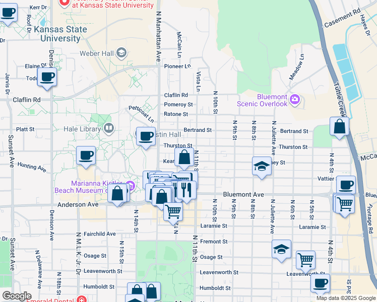 map of restaurants, bars, coffee shops, grocery stores, and more near 1130 Kearney Street in Manhattan