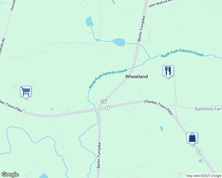 map of restaurants, bars, coffee shops, grocery stores, and more near 15439 Berlin Turnpike in Purcellville
