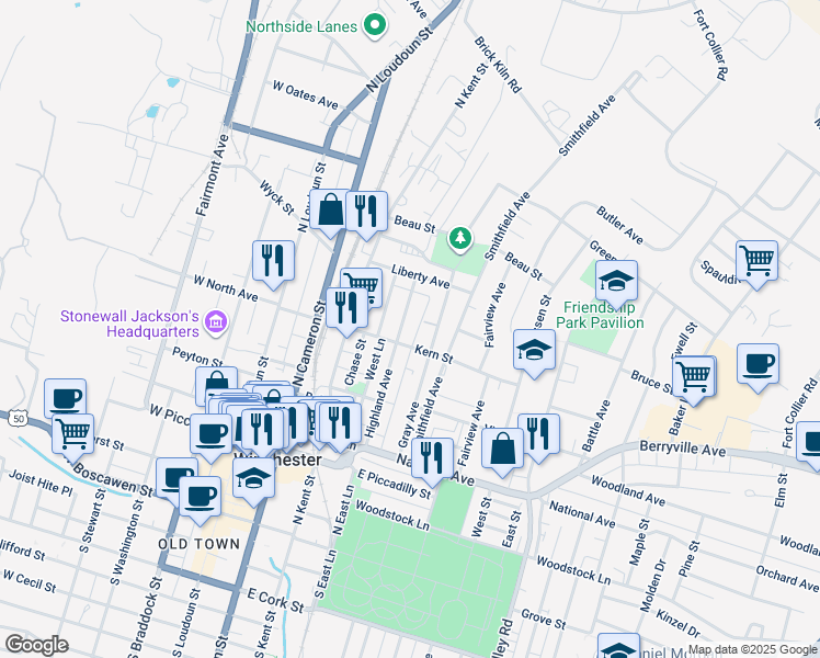 map of restaurants, bars, coffee shops, grocery stores, and more near 514 Highland Avenue in Winchester